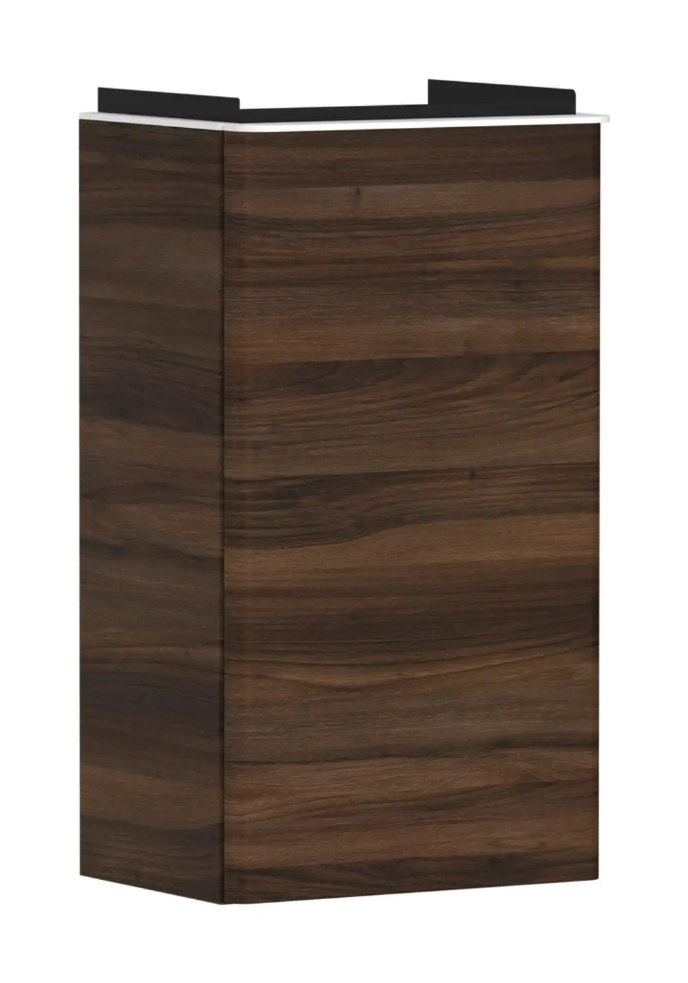 Dunkler Waschtischunterschrank von Hansgrohe mit Holzoptik, geeignet für Handwaschbecken, Türanschlag links, rechteckige Form, klare Linienführung.